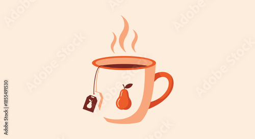 A cozy illustration of a steaming hot cup of tea with a pear design on the mug and a tea bag tag against a warm peachy background.
