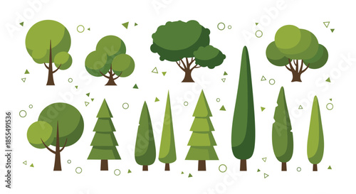 A diverse collection of stylized green trees including deciduous and coniferous varieties in a simple flat design style for landscape creation.