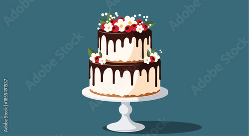 A beautiful two-tier celebration cake with chocolate drizzle white flowers and red berries presented on an elegant white cake stand.