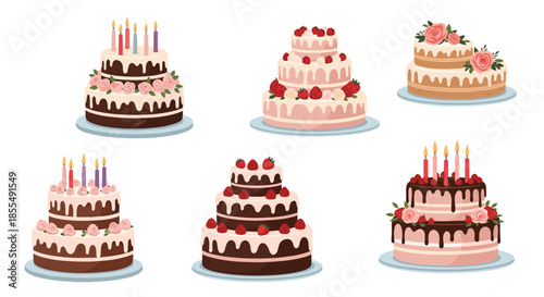 A delicious collection of six beautifully decorated multi-tiered birthday and celebration cakes with candles fruits and flowers for party invitations.
