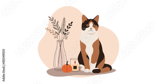A cozy autumn scene with a beautiful calico cat sitting next to a vase of fall foliage a pumpkin and a lit candle on a soft background.