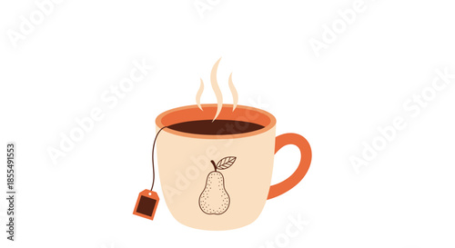 A charming and cozy illustration of a steaming cup of hot tea with a dotted pear design on the mug isolated on a white background.
