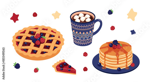 A delicious and cozy set of illustrated desserts including a berry pie a stack of pancakes and a mug of hot chocolate with marshmallows.
