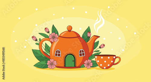A whimsical and cute illustration of a teapot shaped like a little house with a cup of tea surrounded by flowers on a yellow background.