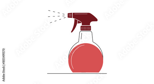 A simple and modern line art illustration of a red spray bottle with a continuous line design representing cleaning or gardening supplies.