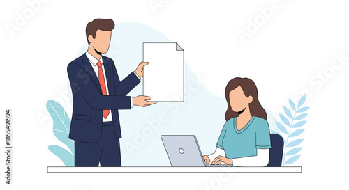 A professional business scene illustration with a male manager in a suit presenting a document to a female employee working on her laptop.