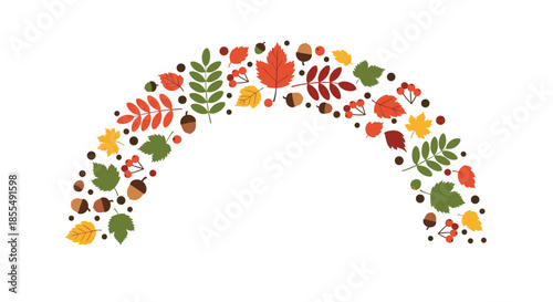 A charming arched border made of colorful autumn leaves berries and acorns creating a decorative frame element for seasonal designs and text.
