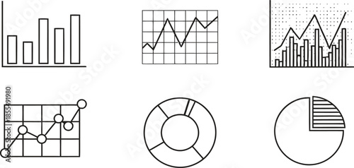 A flat lay of various business charts and graphs on a clean white background, showcasing bar graphs, line graphs, and pie charts in a simple black and white color scheme.