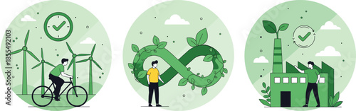 Sustainable industry and renewable energy concept set with wind turbines recycling and eco factorySustainable industry and renewable energy concept set with wind turbines recycling and eco factory