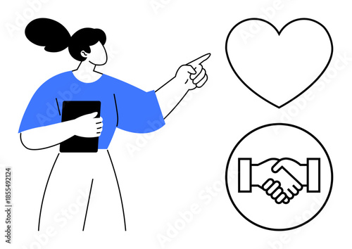 Trust concept. Trust by a handshake and heart with a professional woman pointing towards them. Trust in relationships, business, healthcare, and teamwork. Great for communication, social issues
