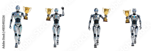 Set of Modern  Robots Holding Golden Winner Trophies, Oil Paint Style, Isolated on Transparent Background, PNG