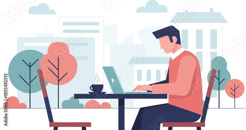 A man sits at a table working on a laptop with a cup of coffee in a modern outdoor setting with buildings and trees in the background.