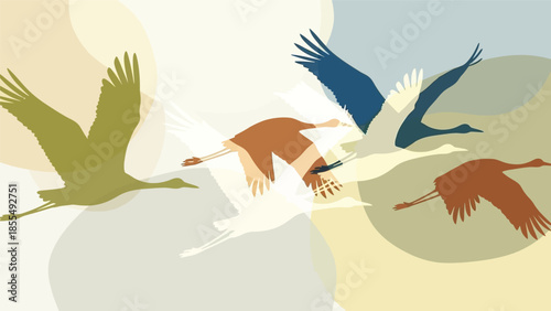 Silhouette of multiple cranes flying in formation against a stylized, abstract background with soft colors and rounded shapes.
