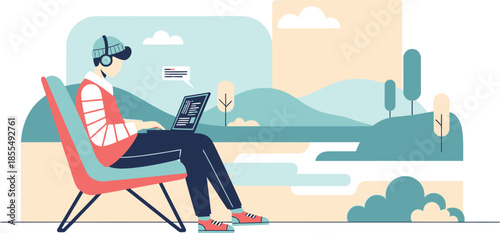 Illustration of a person sitting in a chair with a laptop in a stylized outdoor setting with hills and clouds.