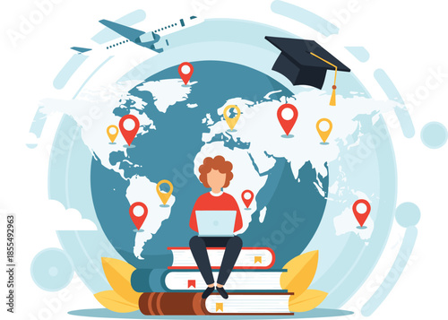 Global education and study abroad concept with student sitting on books near world map 