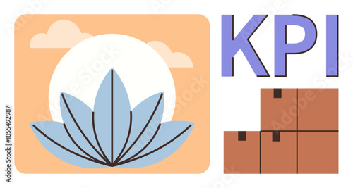 Lotus flower under sunrise with KPI typography and boxes symbolizing progress, balance, and tracking performance. Ideal for business growth, KPIs, productivity, goals, logistics, time management