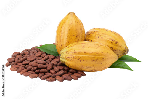 image of ripe cocoa fruit and cocoa beans without background