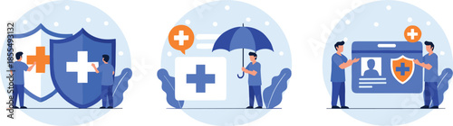 Health insurance concept vector set with medical security shields umbrella and insurance cardHealth insurance concept vector set with medical security shields umbrella and insurance card