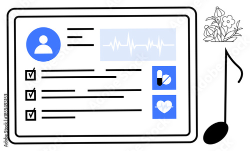 Digital healthcare, patient management, remote monitoring, health technology, wellness tracking, online pharmacy. A tablet interface with medical icons, checklist and heart rate graph. Digital