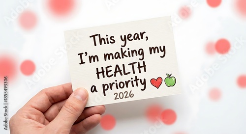 This year I am making my health a priority 2026 motivational New Year resolution card in hand