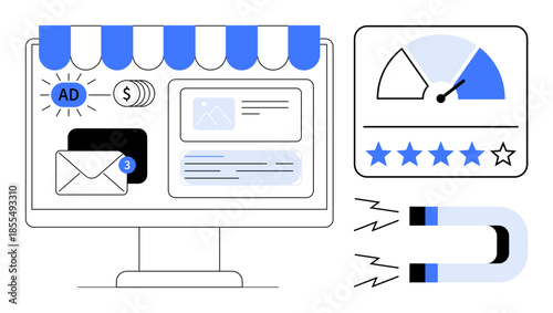 Digital marketing concept. Digital marketing shows tools thumbs up analytics, email notifications, and customer engagement symbols. Digital marketing for businesses, content, performance
