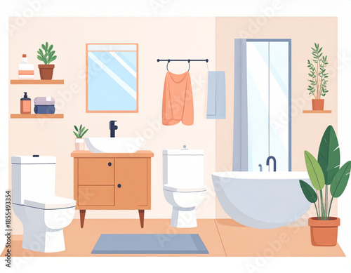 A modern and clean bathroom interior with two toilets, a sink, bathtub, and various decorative elements and plants.