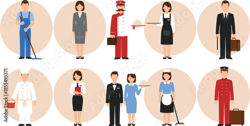 Hotel hospitality staff and service characters set with chef waiter and receptionistHotel hospitality staff and service characters set with chef waiter and receptionist