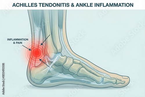 Detailed illustration of Achilles tendonitis and ankle inflammation with highlighted pain area and foot skeleton
