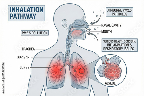 Medical diagram of the inhalation pathway showing PM2.5 air pollution entering the respiratory system and causing lung inflammation