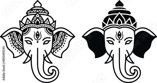 Vector illustration set of Hindu God Ganesha head in outline and solid styles representing wisdom, success, prosperity, and spirituality.