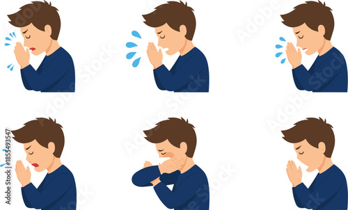 Man coughing and sneezing set showing respiratory hygiene and elbow sneeze etiquetteMan coughing and sneezing set showing respiratory hygiene and elbow sneeze etiquette