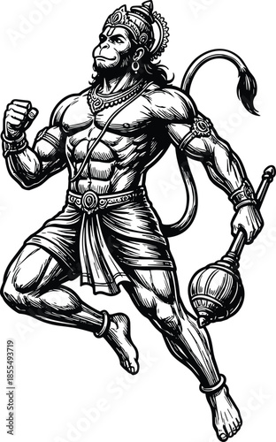 Black and white vector illustration of Lord Hanuman running with mace representing strength, power, and devotion in Hindu mythology.