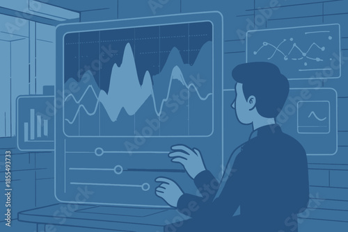 Man Analyzing Data on Large Computer Screen in Office.
