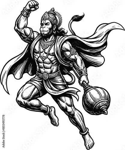 Black and white vector illustration of Hindu God Hanuman flying with mace representing strength, devotion, and courage in mythology.