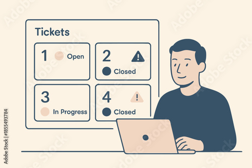 Man managing tickets on a laptop with a ticket board.