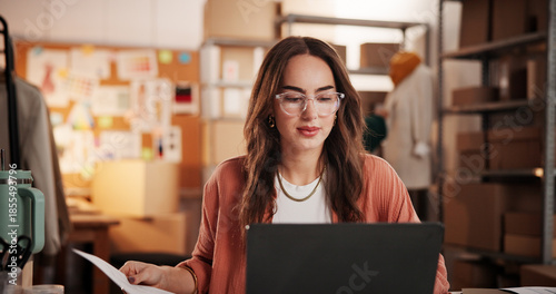 Canvastavla Woman, laptop and document for dropshipping, fashion and sales report at online shopping startup