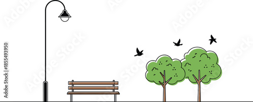 Minimalist park illustration with wooden bench street lamp and green trees in line artMinimalist park illustration with wooden bench street lamp and green trees in line art