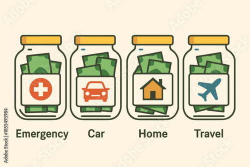 Savings Jars for Emergency Car Home and Travel Funds.