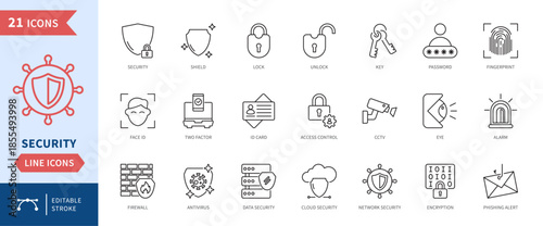 Security line icon set. Protection privacy authentication access control alert monitoring. Line icon collection.