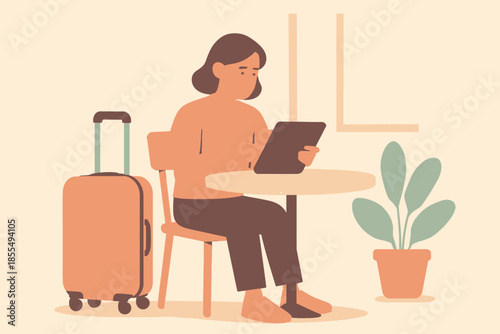 Woman using tablet while waiting with luggage at table.