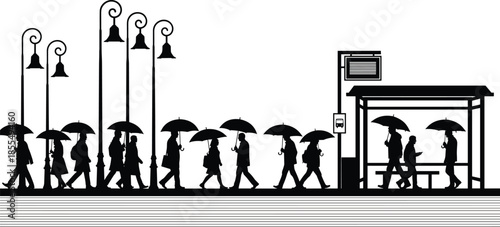 People waiting at bus stop in rain silhouette scene with umbrellas, urban public transport commute and city street lifestyle in black vector illustration