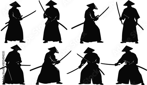 Samurai warrior silhouette set with traditional katana sword fighting poses, Japanese martial arts and historical combat figures in black vector style