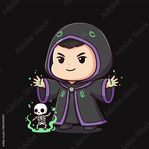 Chibi Necromancer Conjuring a Skeleton with Magical Green Energy.