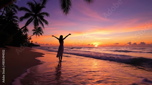 Woman Standing Silhouetted on Tropical Beach at Colorful Sunset