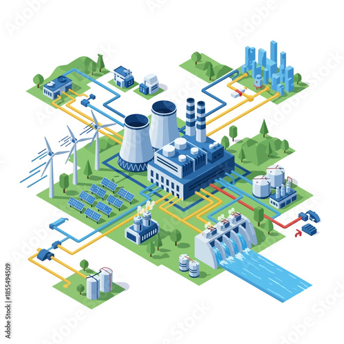 Isometric illustration of a comprehensive energy grid showing various power generation sources like nuclear, wind, solar, and hydro, connected to urban and industrial consumers.