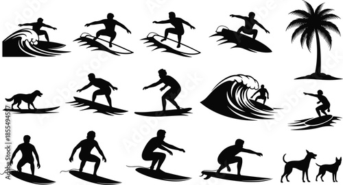 Surfing silhouette set with surfers riding waves, beach lifestyle elements and palm tree icons in black vector coastal sport illustration
