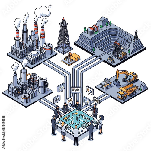 Isometric illustration of industrial operations and resource extraction sites connected to a central digital control room with a team of professionals managing the integrated system.