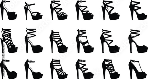 High heel platform shoe silhouette set with women fashion footwear designs, elegant stiletto and party heels in black vector style