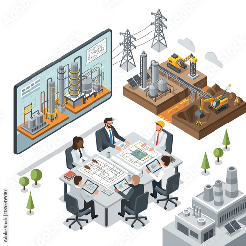Isometric illustration of a business meeting discussing industrial plant design and digital twin technology.