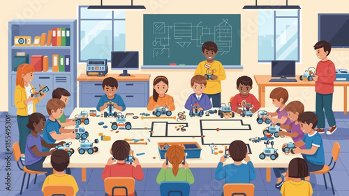 Illustration of children and teachers building and playing with robotics in a classroom with educational tools and technology.